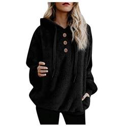 Lazzboy Hoodie Kapuzenpullover Frauen Plus Größen Lange Hülsen Knopf Oberbekleidung Pullover Sweatshirt Damen Kapuze Und Einfarbigen Pullovern Langarm Oversize(Schwarz,5XL) von Lazzboy