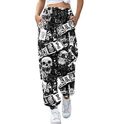 Lazzboy Jogginghose Damen Gothic Bedruckte Kordelzug Freizeithose Röhrenhose Sporthose Sweatpants Lose Für Gym Trainings Porthose Elastic Jogger Baggy Workout Mit Pockets Halloween (Schwarz,M) von Lazzboy