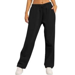 Lazzboy Jogginghose Damen Sporthose Mit Baggy Einfarbig Laufhosen Gummibund Sweathose Mit Taschen Stoffhose High Waist Bequeme Lockere Freizeithose Fitness Loungewear (Schwarz,XXL) von Lazzboy