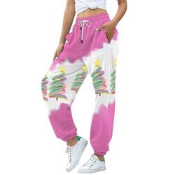 Lazzboy Jogginghose Damen Weihnachtsbaum-Druck Sporthose Freizeithose Trainingshose Sweathose Yogahose Sweatpants Hose Fitness Workout Basic Elastic Bequeme Lockere (Rosa,L) von Lazzboy