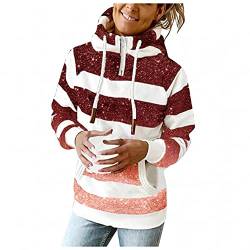 Lazzboy Kapuzenpullover Damen Sweatjacke Streifen Winter Warm Print Langarm Hoodie Sweatshirt Bluse Pullover Lang Frauen Stehkragen Mit Kapuze Herbst Slim Fit Hoody Outwear (Rot,L) von Lazzboy