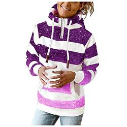 Lazzboy Kapuzenpullover Damen Sweatjacke Streifen Winter Warm Print Langarm Hoodie Sweatshirt Bluse Pullover Lang Frauen Stehkragen Mit Kapuze Herbst Slim Fit Hoody Outwear (Violett,XXL) von Lazzboy