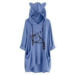 Lazzboy Kapuzenpullover Frauen Druck Katzen Ohr Mit Kapuze Langärmliges Unregelmäßiges Spitzenblusen Hemd Damen Lang Oversize Hoodie Pullover Sweatshirt (X-Blau,XL) von Lazzboy