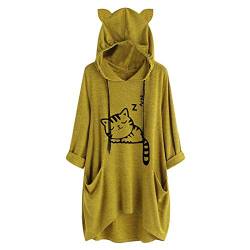 Lazzboy Kapuzenpullover Frauen Druck Katzen Ohr Mit Kapuze Langärmliges Unregelmäßiges Spitzenblusen Hemd Damen Lang Oversize Hoodie Pullover Sweatshirt (X-Gelb,M) von Lazzboy