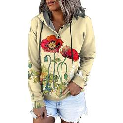 Lazzboy Kapuzenpullover Große Größen Damen Hoodie Blumenmuster Kapuzenjacke Sweatjacke Jacke Mit Kapuze Herbst Winter Oberteile Sweatshirt Hoody Pulli Sport Button Oversize Pullover (Gelb,XL) von Lazzboy