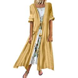 Lazzboy Kleid Damen Blumendruck Maxikleid Lang Boho ärmellos Vintage Geblümtes übergröße Casual Elegante Frauen O-Neck Spitze Zweiteiliges 3/4 ärmel Freizeitkleid(Gelb,3XL) von Lazzboy