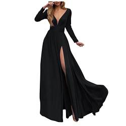 Lazzboy Kleid Festlich Damen V-Ausschnitt Spitze Off Shoulder Plissee Kurzarm Schlitz Elegante Maxikleid Partykleid Abendkleid Hochzeit Langes Langarm Cocktailkleid Ballkleid (Schwarz,M) von Lazzboy