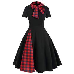 Lazzboy Kleid Frauen Kurzarm Plaid Panel Fliege Vintage Rockabilly Style A Line Damen 50er Hepburn Partykleider Petticoat Swing ärmellos Knielang(Schwarz,2XL) von Lazzboy