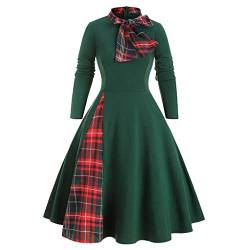 Lazzboy Kleid Frauen Langarm Plaid Panel Fliege Vintage Rockabilly Style A-Line(Grün,3XL) von Lazzboy