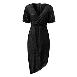 Lazzboy Kleider Damen Festlich Hochzeitskleid Sexy Tiefem V Pailletten Wrap Kurzarm Abendkleid Nachtclubkleid Glitzer Quaste Figurformend Partykleid Club Wickelkleid Cocktailkleider (Schwarz,XXL) von Lazzboy