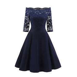 Lazzboy Kleider Damen Hochzeitskleider Schulterfrei Spitzenkleid Halbarm Hochzeit Party Kleid Kurz Brautjungfer Cocktail Floral Rockabilly Vintage Spitze Kurzarm Abendkleider (Marine,S) von Lazzboy