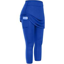 Lazzboy Leggings Damen High Waist Frauen Tennis Rock Taschen Elastic Sports Yoga Capris Röcke Legging Mit Knöchellange Engen Bescheiden Lauf Skort Hockey Hose 2 In 1 (Blau,L) von Lazzboy