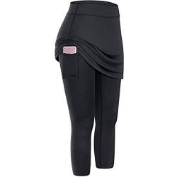 Lazzboy Leggings Damen High Waist Frauen Tennis Rock Taschen Elastic Sports Yoga Capris Röcke Legging Mit Knöchellange Engen Bescheiden Lauf Skort Hockey Hose 2 In 1 (Schwarz,L) von Lazzboy