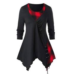 Lazzboy Plus Size Frauen O-Ausschnitt Langarm Plaid Print Button Bandage Tops Bluse Damen Langarmshirt Winter V-Ausschnitt Falten Tunika Basic Shirt Oberteil(Rot,4XL) von Lazzboy