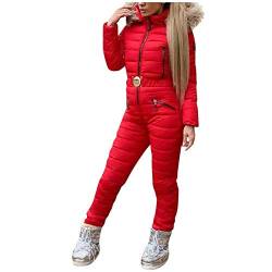 Lazzboy Skianzug Damen Schneeanzug Skioverall Skifahren Skianzüge Overall Jumpsuit Frauen Snowboard Skisuit Outdoor Sport Winter Warme Schnee Sätze Mit Kapuze (Rot,L) von Lazzboy