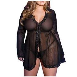 Lazzboy Sleepwear Frauen Plus Größen V-Ansatz Wäsche Mit Zapfen Eingestelltem Unterwäsche Nachthemd Damen Morgenmantel Kimono Satin Spitze Robe Dessous Sets(Schwarz,5XL) von Lazzboy