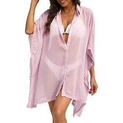 Lazzboy Strandkleid Damen Bikini Cover Up Strandponcho Sommer Sommerkleid Bademode Strand Vertuschen Shirt Für Urlaub Die Badeanzug Vertuschungen Knöpfen Chiffon Strandbadebekleidung (Rosa,XXL) von Lazzboy