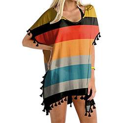 Lazzboy Strandkleid Frauen Strand Pareo Blumendruck/Camouflage Trim Kaftan Quasten Badebekleidung Beach Loose Bikini Cover Up Tops Strandponcho Sommerkleid Bademode Tunika (Mehrfarbig,2XL) von Lazzboy