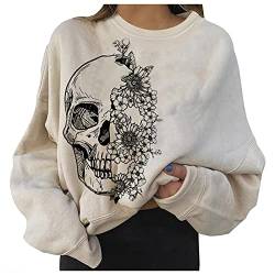 Lazzboy Sweatshirt Damen Oversized Halloween Totenkopf Druck Pullover Langarm Bedruckte Sweatshirts Für Lockerer Rundhalsausschnitt Langärmeliges Herbst Und Winter (Beige-Blume,M) von Lazzboy