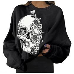 Lazzboy Sweatshirt Damen Oversized Halloween Totenkopf Druck Pullover Langarm Bedruckte Sweatshirts Für Lockerer Rundhalsausschnitt Langärmeliges Herbst Und Winter (Schwarz-Blume,M) von Lazzboy