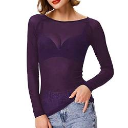 Lazzboy Tops Solide Durchsichtige Damen Langarm Nahtlose Armformer Top Mesh Shirt Bluse Leichtes Transparent Tüll Body T-Shirt Tunika Multicolor(Lila,XL) von Lazzboy