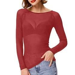 Lazzboy Tops Solide Durchsichtige Damen Langarm Nahtlose Armformer Top Mesh Shirt Bluse Leichtes Transparent Tüll Body T-Shirt Tunika Multicolor(Rot,2XL) von Lazzboy