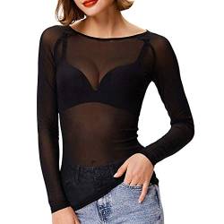 Lazzboy Tops Solide Durchsichtige Damen Langarm Nahtlose Armformer Top Mesh Shirt Bluse Leichtes Transparent Tüll Body T-Shirt Tunika Multicolor(Schwarz,2XL) von Lazzboy