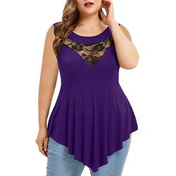 Lazzboy Tshirt Damen Plus Size Solid Frauen Floral Lace O-Ausschnitt Asymmetrische Tops Bluse T-Shirt V-Ausschnitt Knopfleiste Solide Tunika Langam/ärmellos/Kurzarm (Z2-Violett,5XL) von Lazzboy