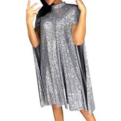 Lazzboy Umstandskleid Damen Kleider Elegant Mantel Stil Kleid Pailletten Glitzer Abendkleider Lange ärmel Paillettenkleid Knielang Glänzend Partykleid Hochzeit Club Cocktailkleid (Silber,L) von Lazzboy