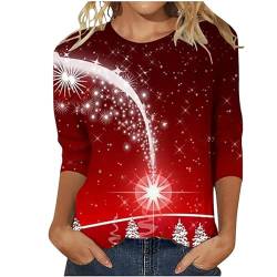 Lazzboy Weihnachts-Shirts Für Damen Glitzernder Weihnachtsbaum Bedruckt 3/4-Ärmel Blusen Rundhalsausschnitt Weihnachts Xmas Pullover Wteenager Mädchen Langarm Sweat Oberteile (Rot,L) von Lazzboy