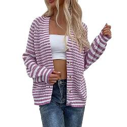 Sweatjacke Damen Strickjacken Jacken Streifen Strickjacke Knopfleiste Strick Cardigan Kurz Open Front Sweater Schulterjacke Langarm Strickcardigan Mit Knopf Strickpullover Jacke (Lila,XL) von Lazzboy