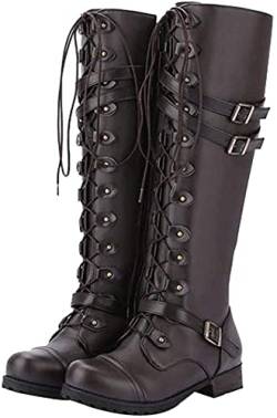 Lchongzhuo Damen Winter Retro Stiefel Steampunk Gothic Vintage Style Punk Schnalle Lace-Up Knie Runde Zehe Schuhe Military Kampfstiefel Damen Flache Leder Lace Up Kniehohe Stiefel (38 EU,Brown) von Lchongzhuo