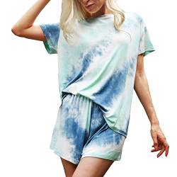 Le Tyerisa Schlafanzug Damen Tie Dye Drucken Pyjamas Set mit Rundhalsausschnitt Superweicher Sommer Nachtwäsche Kurzärmliges T-Shirt und Kurze Hosen(Blau,M) von Le Tyerisa