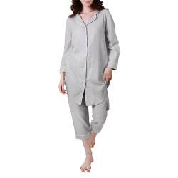 Le Tyerisa Schlafanzug Damen aus 100% Baumwolle Damen Pyjama-Set mit 3/4 Ärmel Zweiteiliger Hausanzug mit Knöpfen Langes Shirt und 3/4 Hose Grau, L von Le Tyerisa