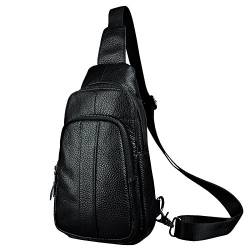 Le'aokuu Herren Echtes Leder Brusttasche Crossbody Bag Sling Bag Schultertasche Gurteltasche Umhängetasche Rucksack Brustbeutel Für Outdoor Sport Reisen (8006 X Black) von Le'aokuu