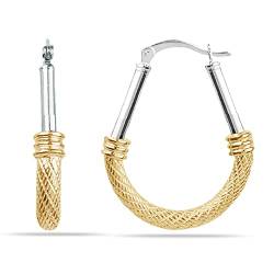 LeCalla Sterling Silber Schmuck italienische kleine zweifarbige ovale strukturierte hochglanzpolierte Creolen mit Klickverschluss für Damen von LeCalla