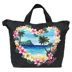 LeSportsac Aloha Sunrise Hawaii Handtasche mit Tragegriff oben, Stil 2431/Farbe K586, Platzierungsdruck – lebendige tropische Lei-Blumen und Palmen, Aloha-Druck vorne und hinten von LeSportsac