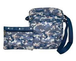 LeSportsac Camo Blues HAWAII Exclusiv Style Edna Slim Travel Crossbody Handtasche + Kosmetiktasche, Stil 7279/Farbe F285, modernes Camouflage, Blau, Grau und Khaki von LeSportsac