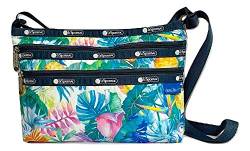 LeSportsac Lauren Roth Uluwehi Hawaii Quinn Crossbody Handtasche, Stil 3352/Farbe K605, lebendige tropische Blumen und Ananas, Lauren Roth Signatur gedruckt auf Muster von LeSportsac