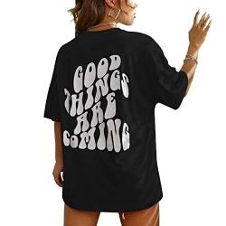 LeaLac Damen Oversized T-Shirt Sommer Kurzarm Vintage Grafikdruck Shirt Lose Rundhals Oberteile Pullover Sweatshirt für Teenager Mädchen Tunika Tops Lang LDE18-82-Schwarz-L von LeaLac