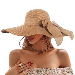 LeaLac Damen Stroh Sommerhut mit Sonnen Shade Faltbar Strohhut UV Schutz Strandhut Elegant Sommerhut Schlaffer Krempe Bowknot Strand Sonnenhut Breite Krempe UPF 50+ Khaki von LeaLac