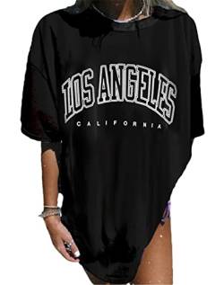 LeaLac Damen T-Shirt Sommer Los Angeles Kurzarm Grafikdruck Shirt Tunika Oversized Mode Lose Rundhals Buchstaben Frauen Vintage Bluse Oberteile Lang Tops für Teenager Mädchen LDE18-426-Schwarz-S von LeaLac