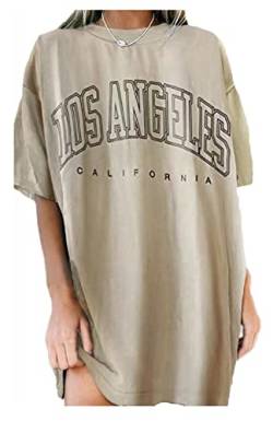 LeaLac Oversize t Shirt Damen Sommer Vintage Clothes Tops Teenager Mädchen Basic Tops Damen Los Angeles T Shirt Sport T Shirt Damen Locker Baseball Shirt Damen LDE18-426-Khaki-M von LeaLac