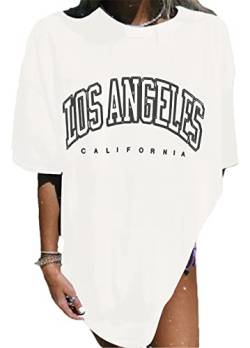 LeaLac Sport Oversize T Shirt Sweatshirt Oberteile Damen Teenager Mädchen Langes T Shirt Damen Los Angeles Vintage Pullover T Shirt LDE18-426-Weiß-L von LeaLac