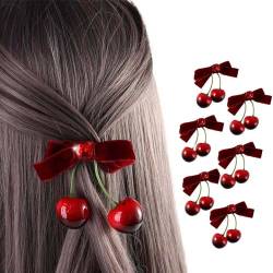 Leadigol Haarspangen mit Kirschschleifen, Haarspangen für Mädchen, Samtschleifen, Krokodilklemmen, rote Schleife, Haarschmuck für Mädchen und Frauen, 6 Stück von Leadigol