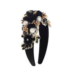 Blume Faux Perle Stirnband Damen Retro Luxuriös mit Glänzenden Strass Dekor Vintage Stil Haarschmuck für Abschlussball Schwarz von Leadrop