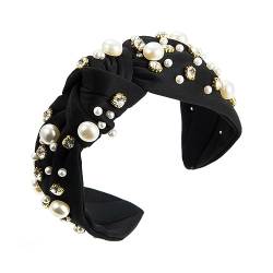 Verziert Haar Hoop Mode Geknotet Breite Stirnband mit Faux Perlen Strass Dekor Bestickt Garn Frauen Bequem Fab Schwarz von Leadrop