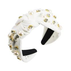 Verziert Haar Hoop Mode Geknotet Breite Stirnband mit Faux Perlen Strass Dekor Bestickt Garn Frauen Bequem Fab Weiß von Leadrop