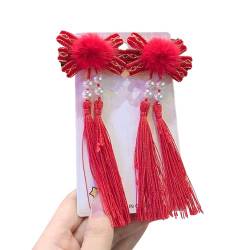 Haarschmuck, 1 Paar Kinder Festliche Neujahr Haarnadeln Lange Quaste Plüsch Kugeln Perlen Bowknot Dekor Rote Haarspangen Hanfu Headwear Tang Anzug Haar von Leadthin