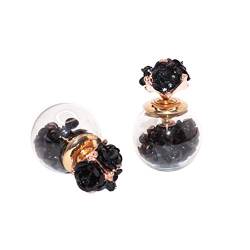 Rose Blume Doppelte Perlen-Ohrstecker vorne und hinten mit Kristallen in einer Glaskugel (Schwarz) von LeahMaria